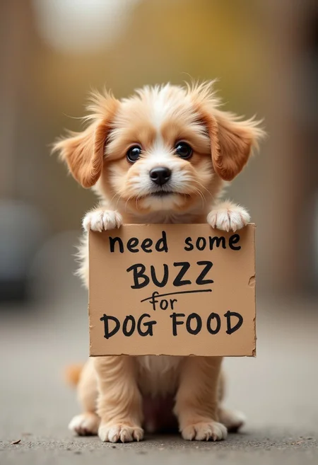 cute tiny dog holding a sign say "need some buzz for dog food"