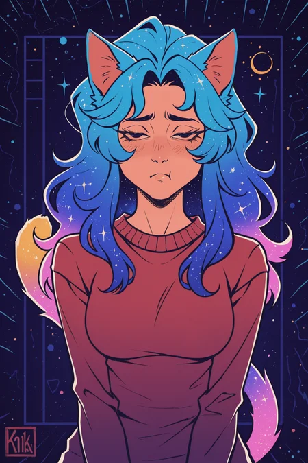 solo, cute anime girl, cat ears, cat tail, long eyelashes, cosmic hair, narrow eyes, narrow waist, shy, pout, half-closed eyes, wearing sweater,
cthulhuseeker, Digital art, <lora:Cthulhuseeker-illustrious:1>