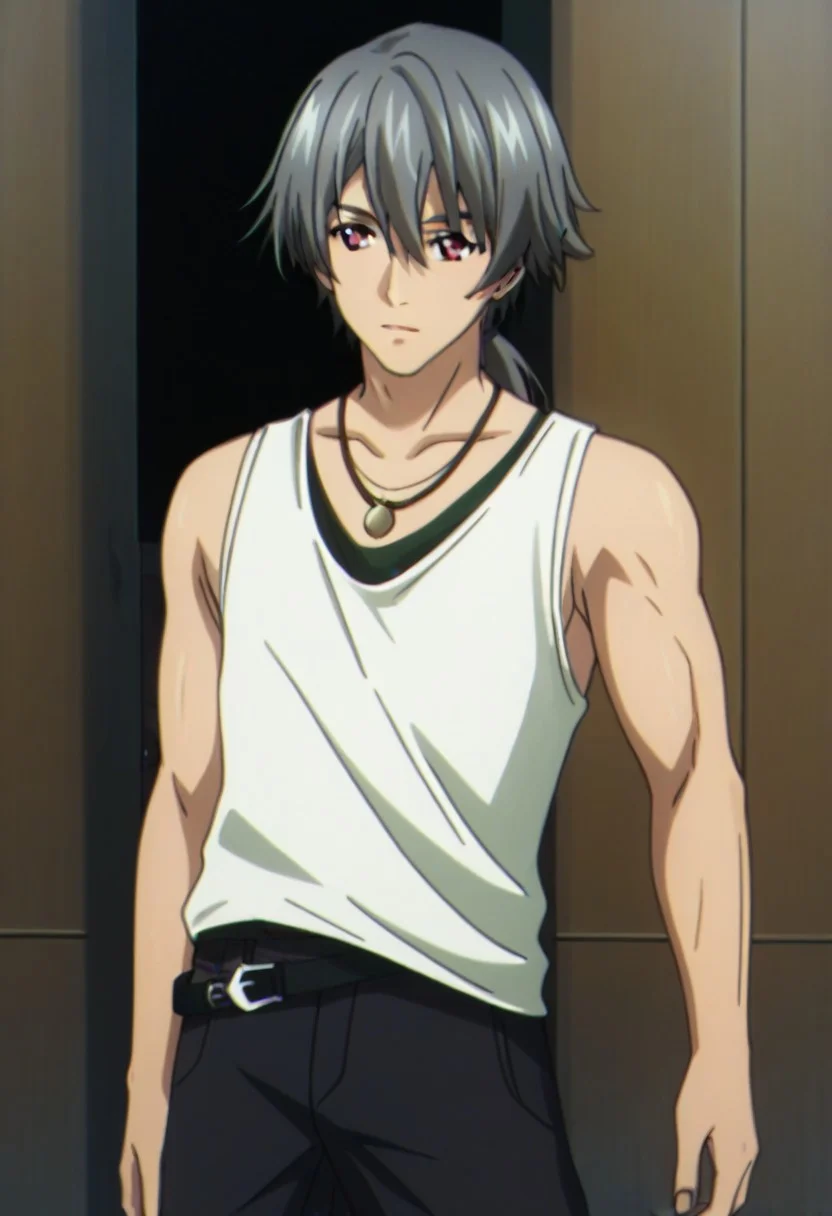 ((masterpiece)), ((best quality)), ((ultra-detailed)), ((absurdres)), score_9_up, score_8_up, score_7_up,
HD, top quality, best quality, amazing quality, High-quality illustrations, anime screencap, source_anime, best aesthetic, perfect proportions, perfect eyes, 1boy, 1male, solo boy, solo male, male focus, solo male focus, Anime, boy, male anime character, anime boy, handsome, cute, charming, Ki Juranbarada, ((black-gray hair)), ponytail, red eyes, necklace, white tank top, ((tall body, tall height)), ((lean body, fit body)), black baggy pants, asymmetrical belt, easynegative, updn, Expressiveh, masterpiece, best quality, very aesthetic, absurdres