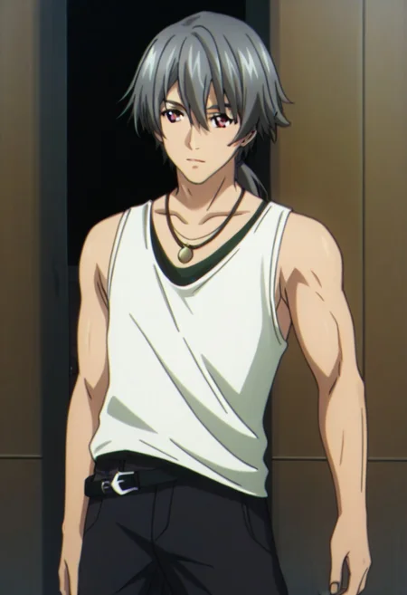 ((masterpiece)), ((best quality)), ((ultra-detailed)), ((absurdres)), score_9_up, score_8_up, score_7_up,
HD, top quality, best quality, amazing quality, High-quality illustrations, anime screencap, source_anime, best aesthetic, perfect proportions, perfect eyes, 1boy, 1male, solo boy, solo male, male focus, solo male focus, Anime, boy, male anime character, anime boy, handsome, cute, charming, Ki Juranbarada, ((black-gray hair)), ponytail, red eyes, necklace, white tank top, ((tall body, tall height)), ((lean body, fit body)), black baggy pants, asymmetrical belt, easynegative, updn, Expressiveh, masterpiece, best quality, very aesthetic, absurdres