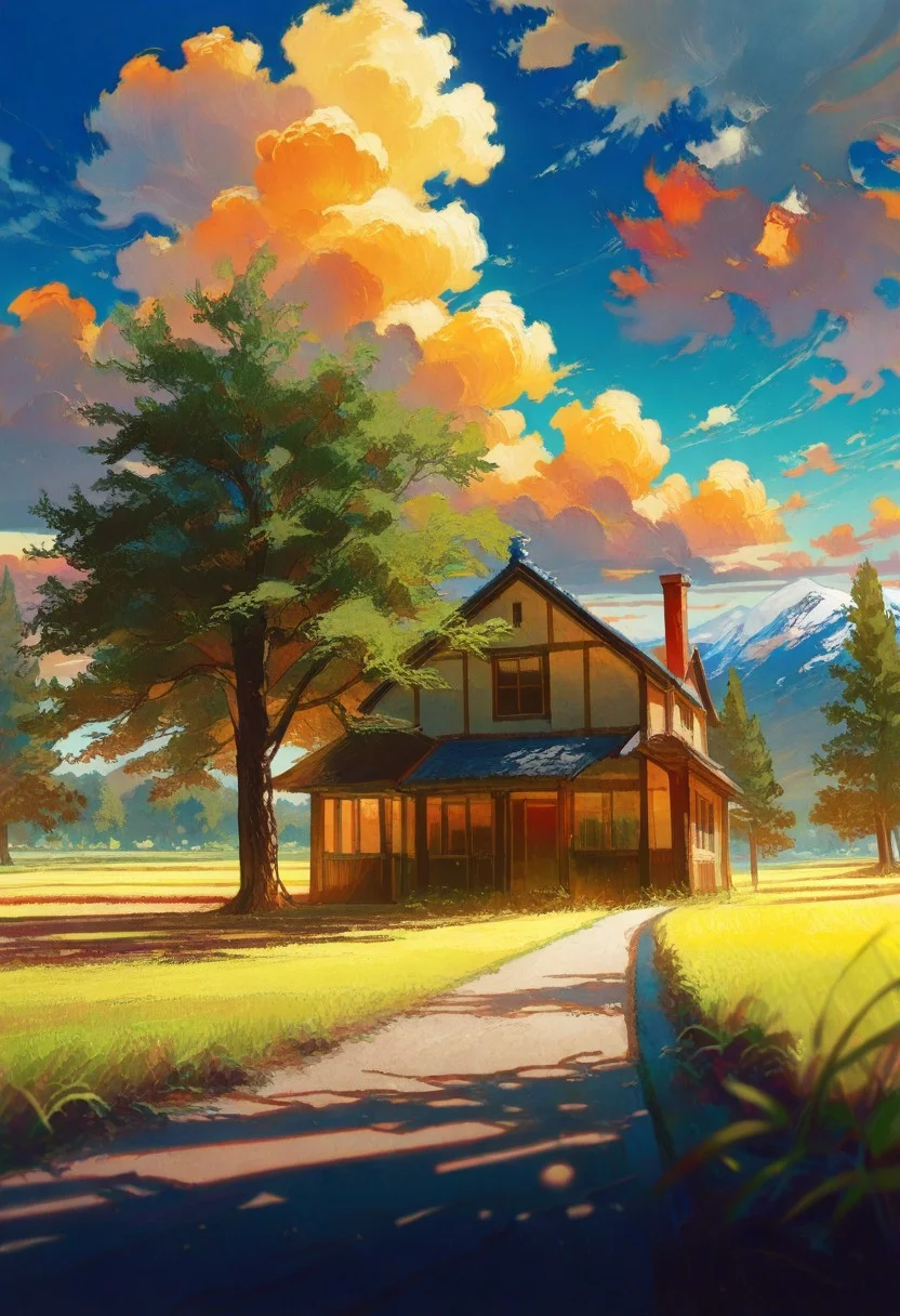 by potg \(piotegu\), masterpiece, best quality, amazing quality, very aesthetic, very awa, absurdres, extremely detailed, (depth of field), (diagonal shot with rotation), (foreshortening), blue sky, building, cloud, cloudy sky, dirt road, grass, house, no humans, outdoors, road, scenery, sky, tree, thick oil painting,