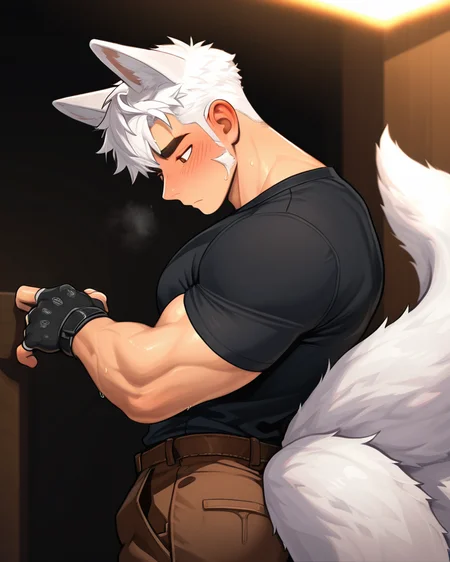 masterpiece, best quality, amazing quality, 1boy, solo, masterpiece, best quality, animal ears,short hair, muscular, pants, tails, white hair, brown pants, shirt,black shirt, blush,gloves,fox ears,fingerless gloves,fox tail, 9 tails, fox boy, sideburns, volumetric lighting, breeze style, muscular man, <lora:Bree_Style_Hv1:0.6>