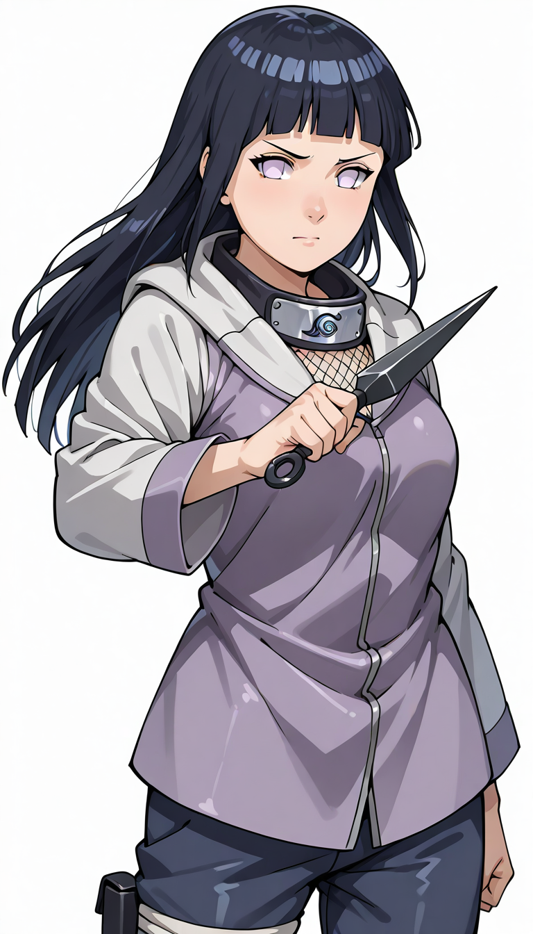 hinata1x, villageoutfit, determined, kunai, white background <lora:Hinata_ILL:1>