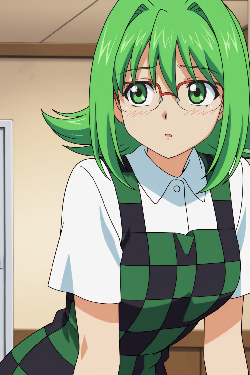 Teacher, newest, anime coloring, checker dress, glasses, white shirt <lora:Eiken-Teacher-illustrious:0.8>