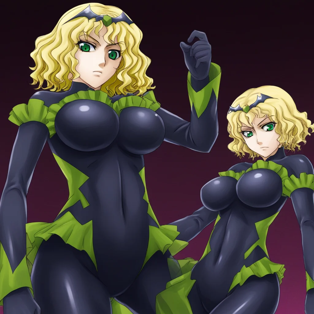 black badend-bodysuit, badend-tiara, short hair, wavy hair, green eyes, blonde hair, large breasts