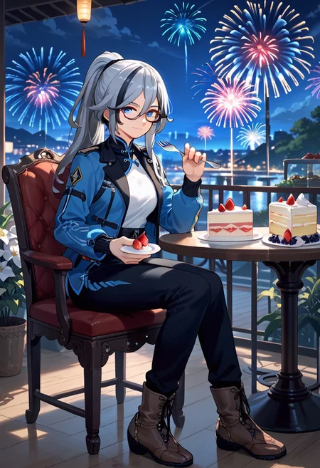 score_9,score_8_up,score_7_up,source_anime,FU_HUA,1girl,solo,long hair,looking at viewer,smile,blue eyes,shirt,black hair,long sleeves,holding,hair between eyes,closed mouth,sitting,blue hair,jacket,white shirt,full body,grey hair,ponytail,flower,boots,food,glasses,pants,cup,night,black pants,fruit,brown footwear,chinese clothes,chair,table,blue jacket,white flower,plate,cake,strawberry,fork,glass,on chair,fireworks,holding fork,cake slice,