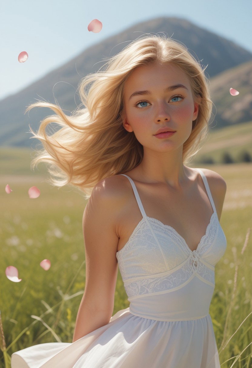 score_9, score_8_up, score_7_up, outdoors, solo, a beautiful woman posing seductively with light skin and short wavy blonde hair, hair blowing in the wind, blue eyes, small breasts. Wearing sexually suggestive dress.  Dress blowing in the wind. in the grass surrounded by flower petals, in bright natural daylight, the blurred background, casual and confident pose, photorealistic, bokeh effect, summer lighting, warm tones