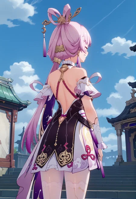 score_9, score_8_up, score_7_up, BREAK source_anime, masterpiece, anime screencap, shiny skin,
1girl, solo,
grin,
cowboy shot ,
from behind ,
female focus,
attractive ,
facing viewer ,
hand on own hip ,
standing ,
fuxuan,
outdoors,
<lora:fuxuan.pony:1>