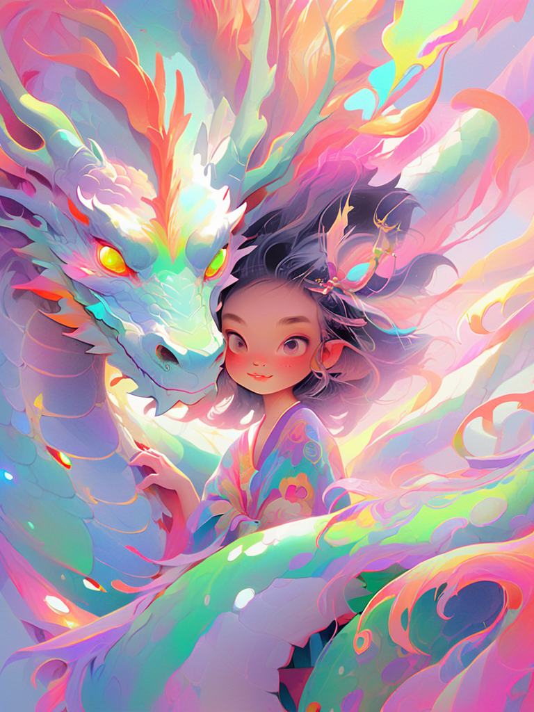 1 eastrn dragon surrounds the little girl,colorful,Symphony,shiny and glossy,bright color,brian kesinger,luminous color palette,<lora:Symphony_dragon:1>,
