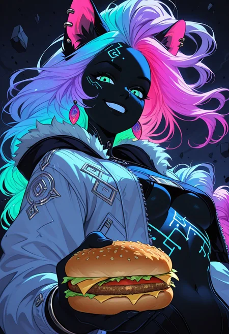 ajnblyst, 1girl, jewelry, earrings, solo, jacket, grin, looking at viewer, black skin, very Long Hair, braided Hair, upper body, Cat Girl, Long colored hair, dynamic pose, fur trim, flying debris, outdoors, hood down, hood, DARK background, Cleavage, Short top, Low Angle view, underboob, holding Cheeseburger, runes,
