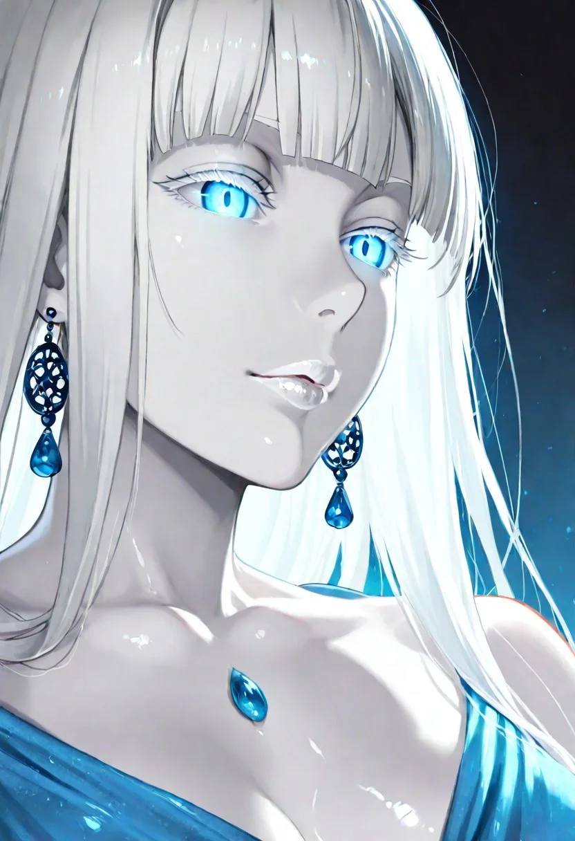 1girl, Yukinoshita Yukino //(Oregairu//) Yuki-Onna, adult woman, earrings, masterpiece, blue dress, hand up, long hair, hime cut, white hair, long hair, blunt bangs colored skin, (white skin:1.3) luscious lips, lip gloss, pale lips, white lips, portrait, colored eyelashes, backlighting, blue eyes, glowing eyes, goddess, glossy skin,
