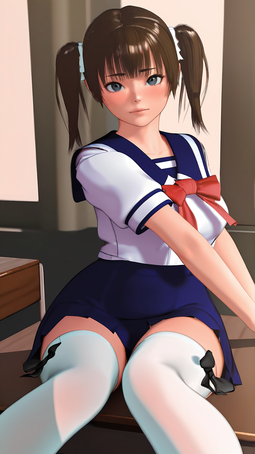 amazing quality,absurdres,best quality,masterpiece,highres,newest,detailed,detailed body,detailed face,masterpiece,best quality,solo,3d,realistic,
Imbalancegirl,1girl,solo,school uniform,thighhighs,twintails,brown hair,skirt,desk,serafuku,<lora:Imbalance_Girl:0.9>,
sitting,looking at viewer,