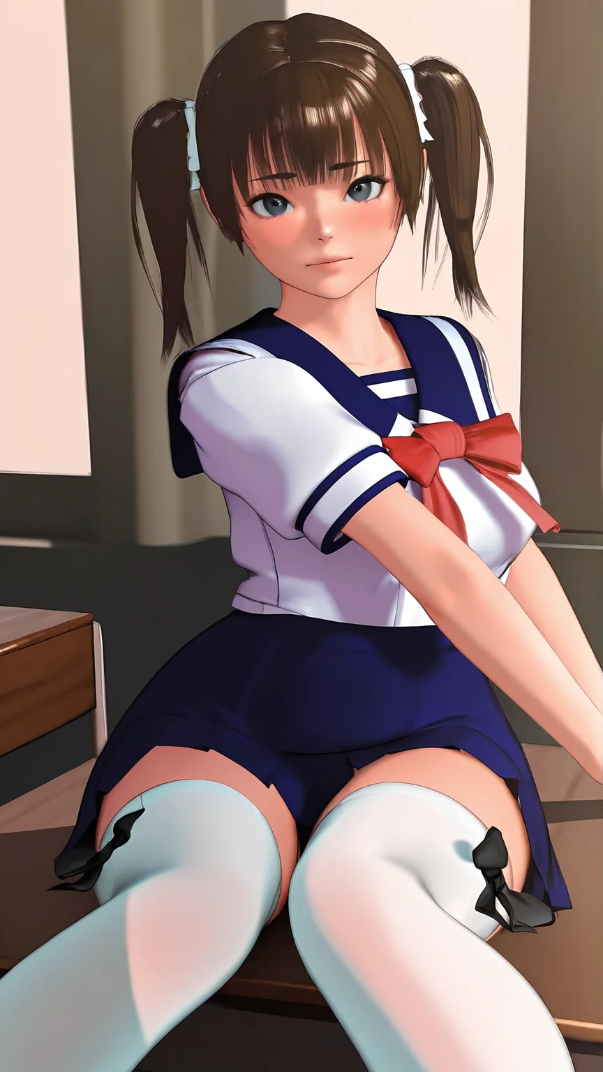 amazing quality,absurdres,best quality,masterpiece,highres,newest,detailed,detailed body,detailed face,masterpiece,best quality,solo,3d,realistic,
Imbalancegirl,1girl,solo,school uniform,thighhighs,twintails,brown hair,skirt,desk,serafuku,<lora:Imbalance_Girl:0.9>,
sitting,looking at viewer,