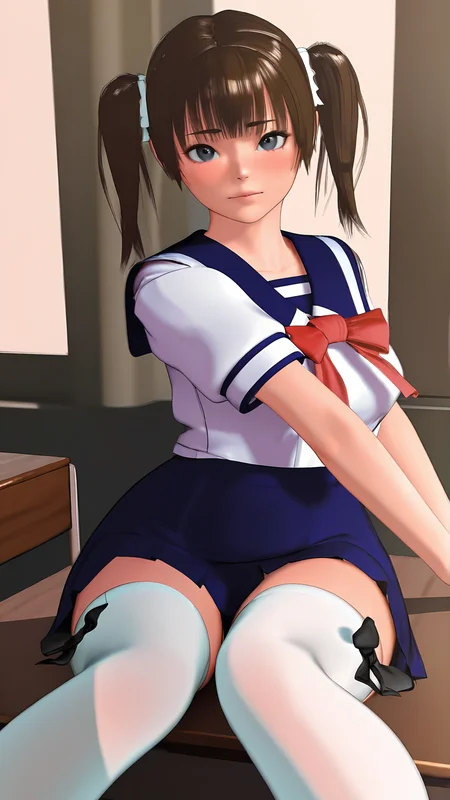 amazing quality,absurdres,best quality,masterpiece,highres,newest,detailed,detailed body,detailed face,masterpiece,best quality,solo,3d,realistic,
Imbalancegirl,1girl,solo,school uniform,thighhighs,twintails,brown hair,skirt,desk,serafuku,<lora:Imbalance_Girl:0.9>,
sitting,looking at viewer,