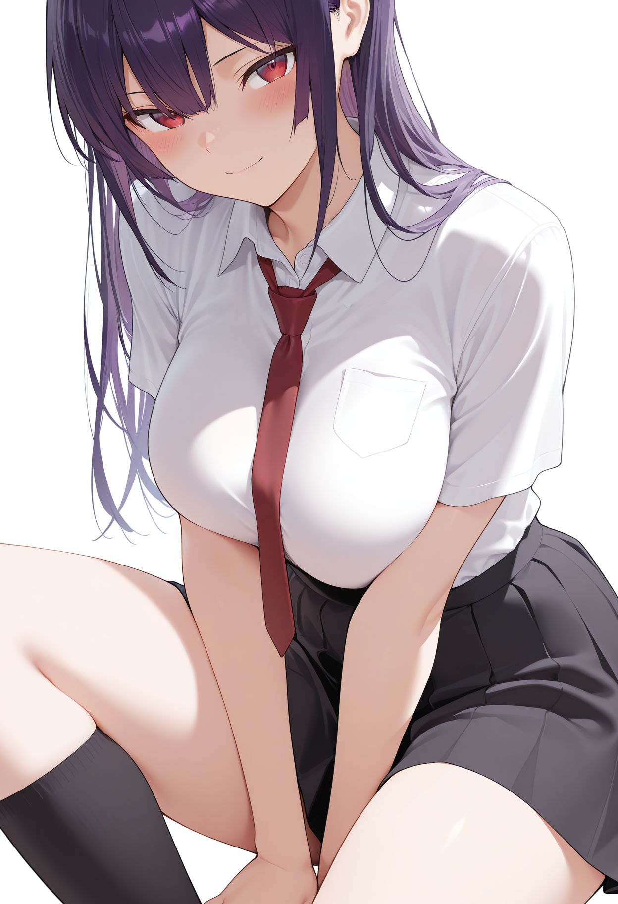 masterpiece,best quality,amazing quality, absurdres,<lora:takamine_takane_ilxl_goofy:0.8>  takamine takane,1girl, arm between legs, purple hair, black skirt, black socks, blush, breasts, closed mouth, collared shirt, kneehighs, large breasts, long hair, looking at viewer, necktie, red eyes, red necktie, shirt, short sleeves, simple background, sitting, skirt, smile, socks, solo, white background, white shirt