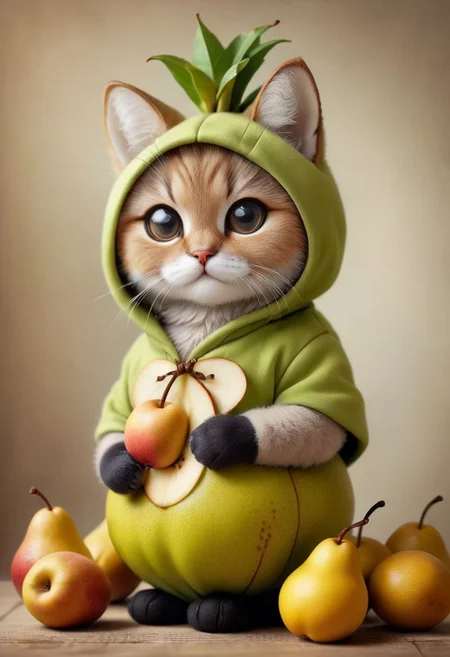 An award winning photo , a cute little baby cat,sitting around in a pear costume, (fruit) , (((cuteness overload))) <lora:add-detail-xl:1>, <lora:WowifierXL-V2:1>, zhibi