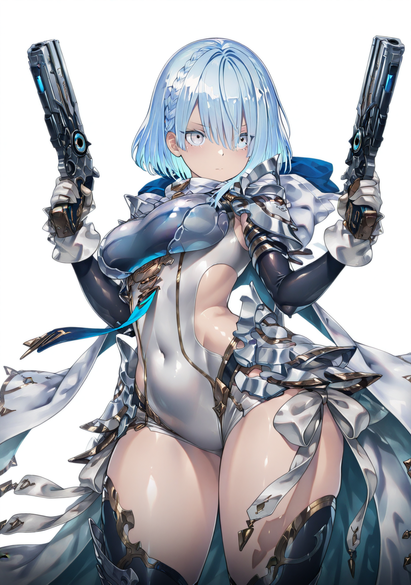 masterpiece,best quality,amazing quality,
dryzensv,1girl,blue hair,solo,blue eyes,covered navel,braid,short hair,bangs,hair ornament,
thighhighs,gloves,armor,shoulder armor,handgun,side cutout,leotard,hood,
holding gun,dual wielding,<lora:dryzensv:1>,