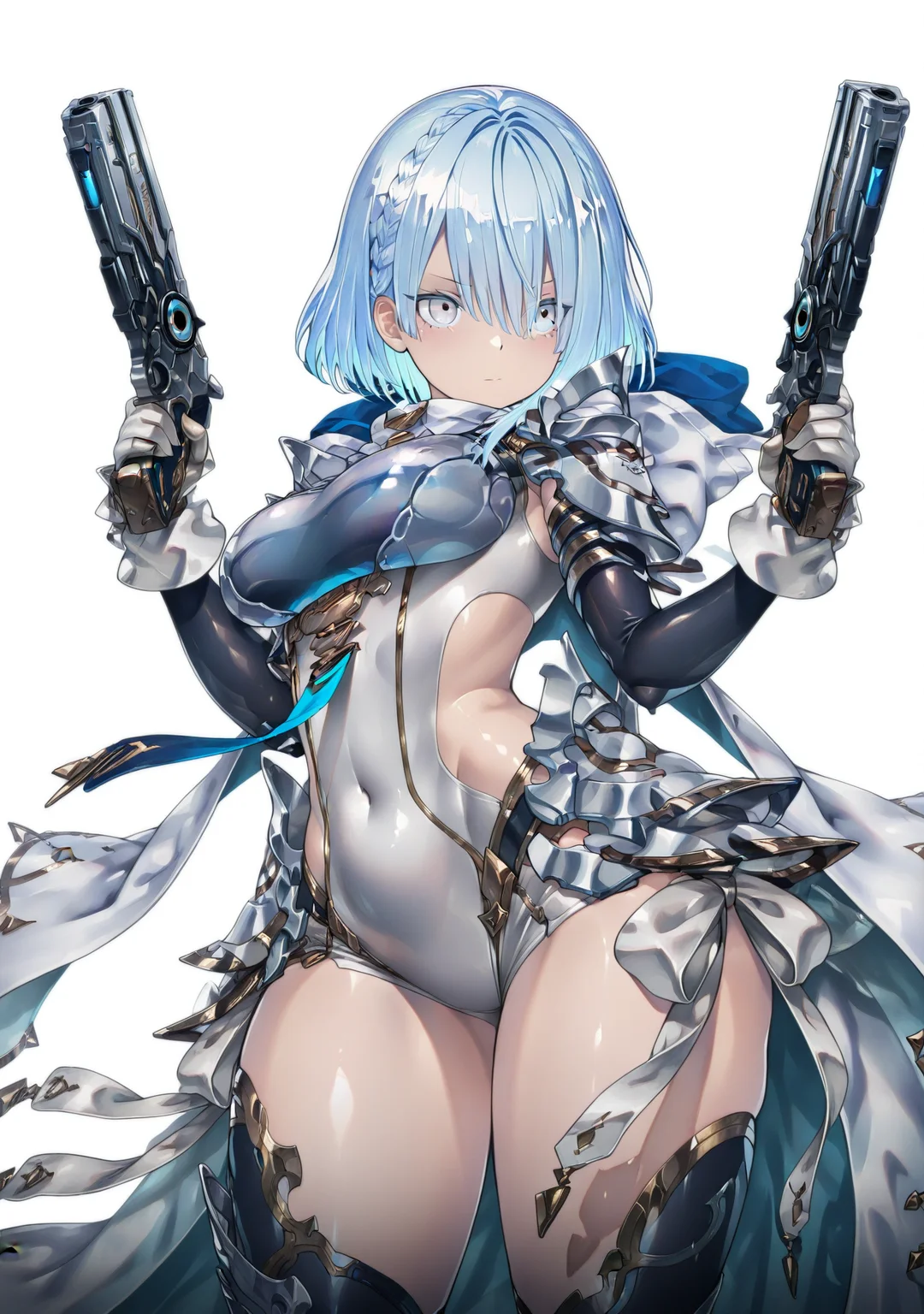 masterpiece,best quality,amazing quality,
dryzensv,1girl,blue hair,solo,blue eyes,covered navel,braid,short hair,bangs,hair ornament,
thighhighs,gloves,armor,shoulder armor,handgun,side cutout,leotard,hood,
holding gun,dual wielding,<lora:dryzensv:1>,
