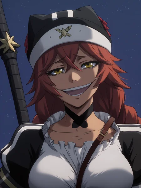score_9, score_8_up, score_7_up, score_6_up, score_5_up, score_4_up, lupusregina_Black_maid_uniform, lupusreginabeta, medium_breasts, looking_at_viewer, solo, collarbone, open_mouth, sad, smug, smirk, light_smile, black_animal_hat, black_choker, white_shirt, puffy_short_black_sleeves, strap_between_breasts, scepter_on_back, upper_body, close-up, outdoors, night, dark, dark_sky,  <lora:Lupusregina_Beta_V1SDXL:1>