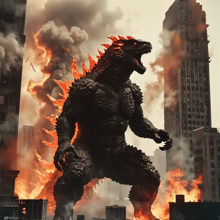 b&w vintage giant godzilla throwing flames and destroying a skyscraper, orange to red color key on flames <lora:SDXL/Vintage_Street_Photo:0.6>