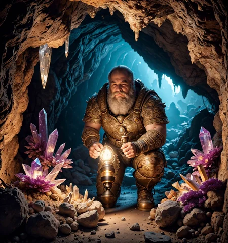 RAW photo, (masterpiece:1.3), subsurface scattering, heavy shadow, (high quality:1.4), (intricate, high detail:1.2), professional photography, HDR, High Dynamic Range, realistic, ultra realistic, photorealistic, high resolution, film photography, ambient lighting, atmospheric effects, <lora:detail_slider_v4:2>, OverallDetail, <lora:CrystalCaves:0.7>, cave, cryca, crystal, gem, mushrooms, nature, rock, scenery, a dwarven miner, holding a torch,  <lora:DwarvenArmor:0.83>, DwarAr