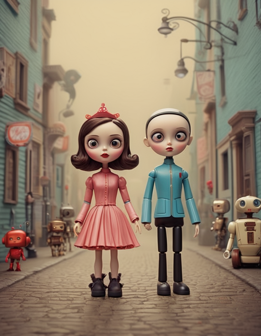 cinematic film still <lora:CivitAI_64_ALL:0.7> [X] Pop Art style  CivitAI Fusion Style,a girl and a robot standing next to each other, beeple and jeremiah ketner, love death robot, cute humanoid robot, robot girl, mark ryden style, little girl meets robot, adorable friendly robot, cute robot, woman and robot, by Jason Teraoka, mark ryden highly detailed, perfect android girl family, style of mark ryden . Bright colors, bold outlines, popular culture themes, ironic or kitsch . shallow depth of field, vignette, highly detailed, high budget, bokeh, cinemascope, moody, epic, gorgeous, film grain, grainy