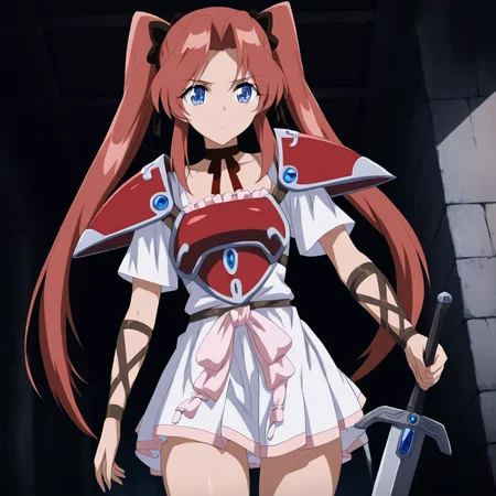 solo,anime coloring,looking at viewer,cowboy_shot,masterpiece,high score,great score,absurdres,<lora:Skuld ag4o:1> skuld, red hair, twintails, blue eyes,armor,holding sword,