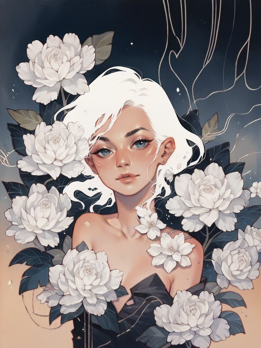 score_9, score_8_up, score_7_up, score_6_up,  <lora:n3gsp4c3XLP:0.8> n3gsp4c3, white hair, solo, 1girl, white flower,