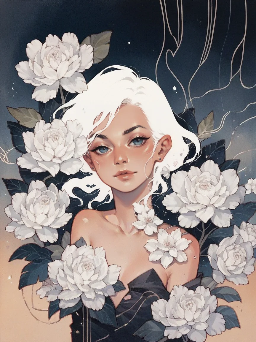 score_9, score_8_up, score_7_up, score_6_up, <lora:n3gsp4c3XLP:0.8> n3gsp4c3, white hair, solo, 1girl, white flower,