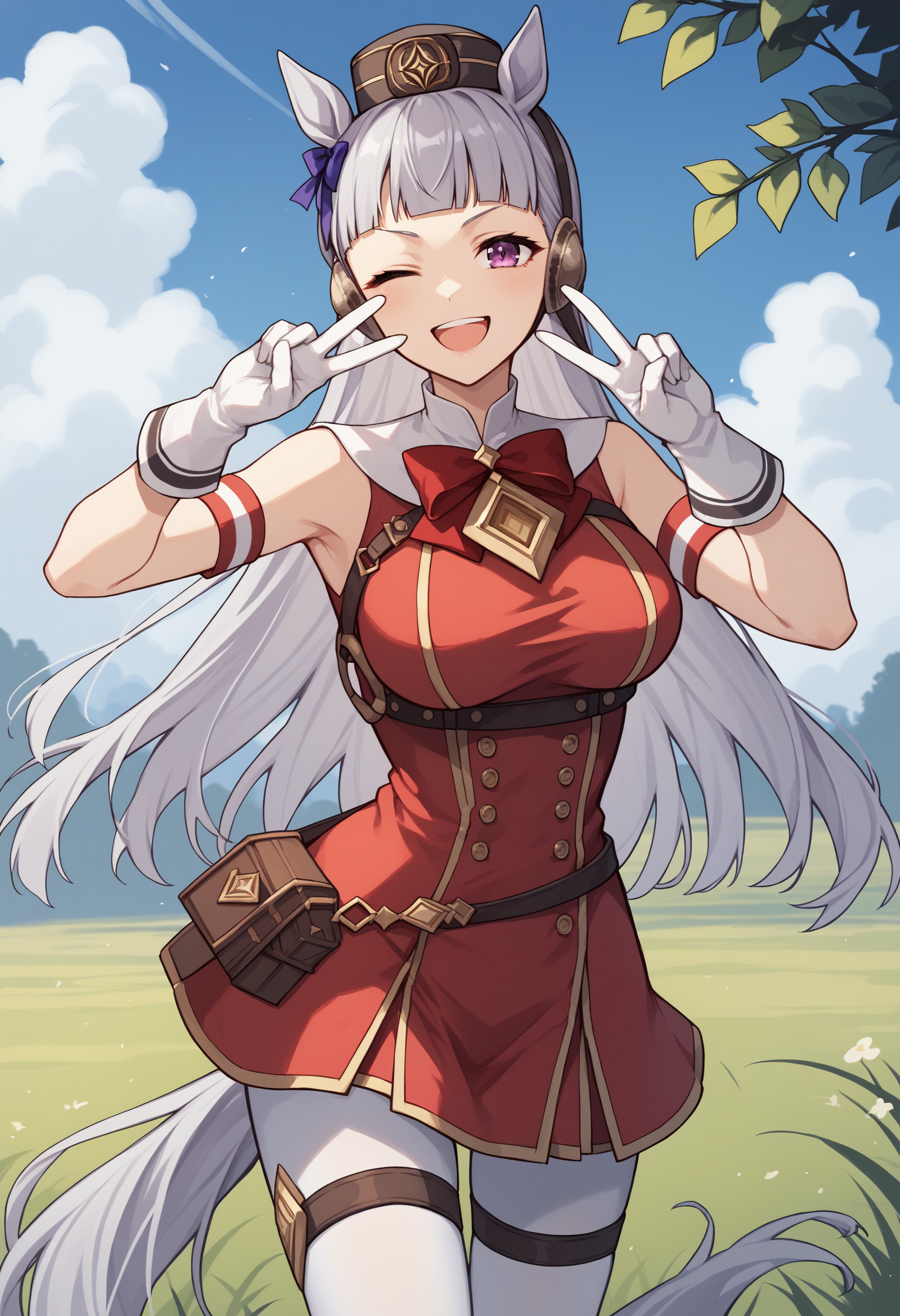 score_9, score_8_up, score_7_up, source_anime, gsdef, purple eyes, grey hair, horse ears, blunt bangs, long hair, pillbox hat, horse tail, red bow, armband, red dress, sleeveless dress, double-breasted, white gloves, white pantyhose, thigh strap, outdoors, grass, large breasts, cowboy shot, smile, happy, looking at viewer, sky, double peace sign, wink<lora:GoldShipPDXLv6:1>