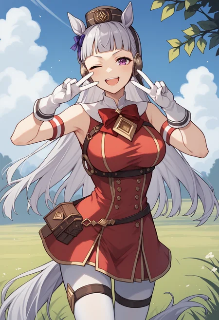 score_9, score_8_up, score_7_up, source_anime, gsdef, purple eyes, grey hair, horse ears, blunt bangs, long hair, pillbox hat, horse tail, red bow, armband, red dress, sleeveless dress, double-breasted, white gloves, white pantyhose, thigh strap, outdoors, grass, large breasts, cowboy shot, smile, happy, looking at viewer, sky, double peace sign, wink<lora:GoldShipPDXLv6:1>