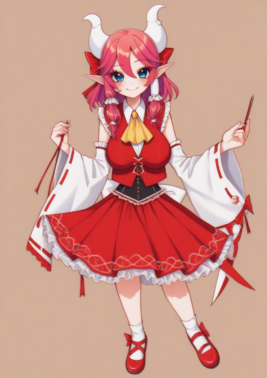1girl, huge breast, css devil girl, horns, pointy ears, pink hair, blue eyes, ascot, bow, closed mouth, collared vest, detached sleeves, frilled bow, frills, full body, gohei, hair bow, hair tubes, holding, holding gohei, looking at viewer, ofuda, petticoat, red bow, red skirt, red vest, ribbon trim, sarashi, shide, shoes, skirt, smile, solo, talisman, traditional media, vest, white sleeves, wide sleeves, yellow ascot, <lora:CrystalSugarStars:1>