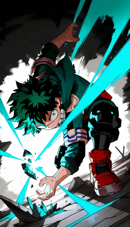 (masterpiece, best quality), amazing quality, very aesthetic, absurdres, highres, newest, dak depth, depth filed, intricate detailed,
1boy, midoriya izuku, black, dutch angle, fighting stance, volume coloring, effect, broken, intense angle, <lora:748cmSDXL:0.6>, <lora:薄塗り:0.4>, <lora:ponyv5_noobV065S_1:0.8>, <lora:spo_sdxl_10ep_4k:0.6>, <lora:MeMaXL4:0.8>, <lora:GBF_Illustrious:0.45>