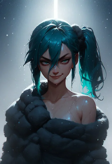 score_9, score_8_up, score_7_up, score_6_up, score_5_up, t4s14, (dramatic lighting, volumetric lighting, cowboy shot, winter, snow, dark, 1girl, teal hair, hair between eyes, side ponytail, gown, wet, smirk)