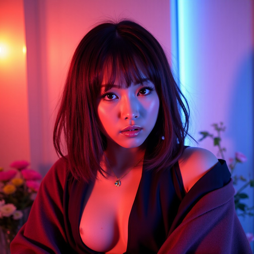 J4p4n3s3. A gorgeous woman with shoulder-length maroon hair and stylish bangs. The lighting is a combination of gel lights that cast a mystical, colorful glow over the scene, reminiscent of a Kodak Portra 400 film's vibrant and rich tones. The intricate details of her outfit and the mesmerizing environment around her are captured with a mastery that blurs the line between reality and fantasy, creating a masterpiece that feels both otherworldly and grounded in raw beauty The natural light highlights her confident posture and elegant features, contrasts beautifully with her modern, stylish appearance. The atmosphere is serene, with the warm sunlight casting soft shadows and enhancing the overall balance between youthfulness and cultural heritage in the composition. Delicate flower and plant arrangements adorn her surroundings, bathed in dynamic chiaroscuro's dramatic play of light and shadow. High-resolution details reveal perfect anatomy, drawing the viewer in with its awe-inspiring beauty. The scene is centered, radiating an atmosphere of mystery as the subject's captivating pose fills the frame. With a smooth, sharp focus, the illustration bursts forth in high definition, accent lighting casting an otherworldly glow amidst contrasting bright paint colors on concept art.