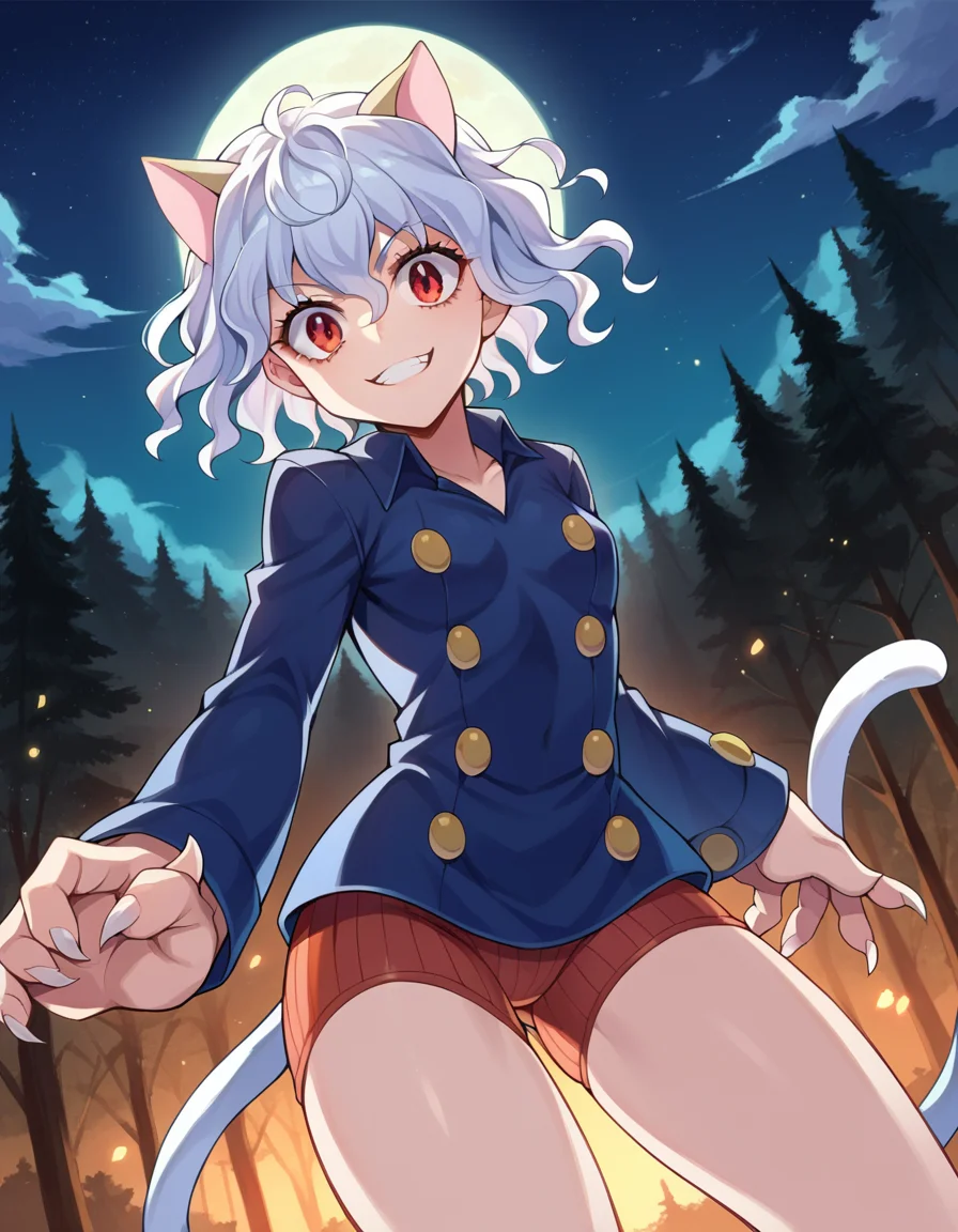 score_9, score_8_up, score_7_up, source_anime,
neferpitou, <lora:neferpitou-ponyxl-lora-nochekaiser:1>,
neferpitou, short hair, red eyes, animal ears, tail, white hair, cat ears, cat tail, curly hair, smile,
long sleeves, shorts,
outdoors, night, forest, night, moon, starry sky, fighting stance,
looking at viewer, dutch angle, cowboy shot,
