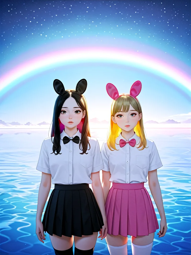 realistic, photorealistic, very aesthetic, best quality, absurdres, masterpiece, best quality, amazing quality, newest, scenery, depth of field, high-resolution, high definition, visually intense anaglyphic experience, hallucinations, editorial photography, journalistic style, candid, volumetric, candid, bow, fake animal ears, pleated skirt, thighhighs, 2girls, multiple girls, (colorful:1.2), rainbow, light particles, from above, volumetric lighting, ((adult girls:1.2)), _trippy_, realistic, photorealistic, very aesthetic, best quality, absurdres, masterpiece, best quality, amazing quality, newest, scenery, depth of field