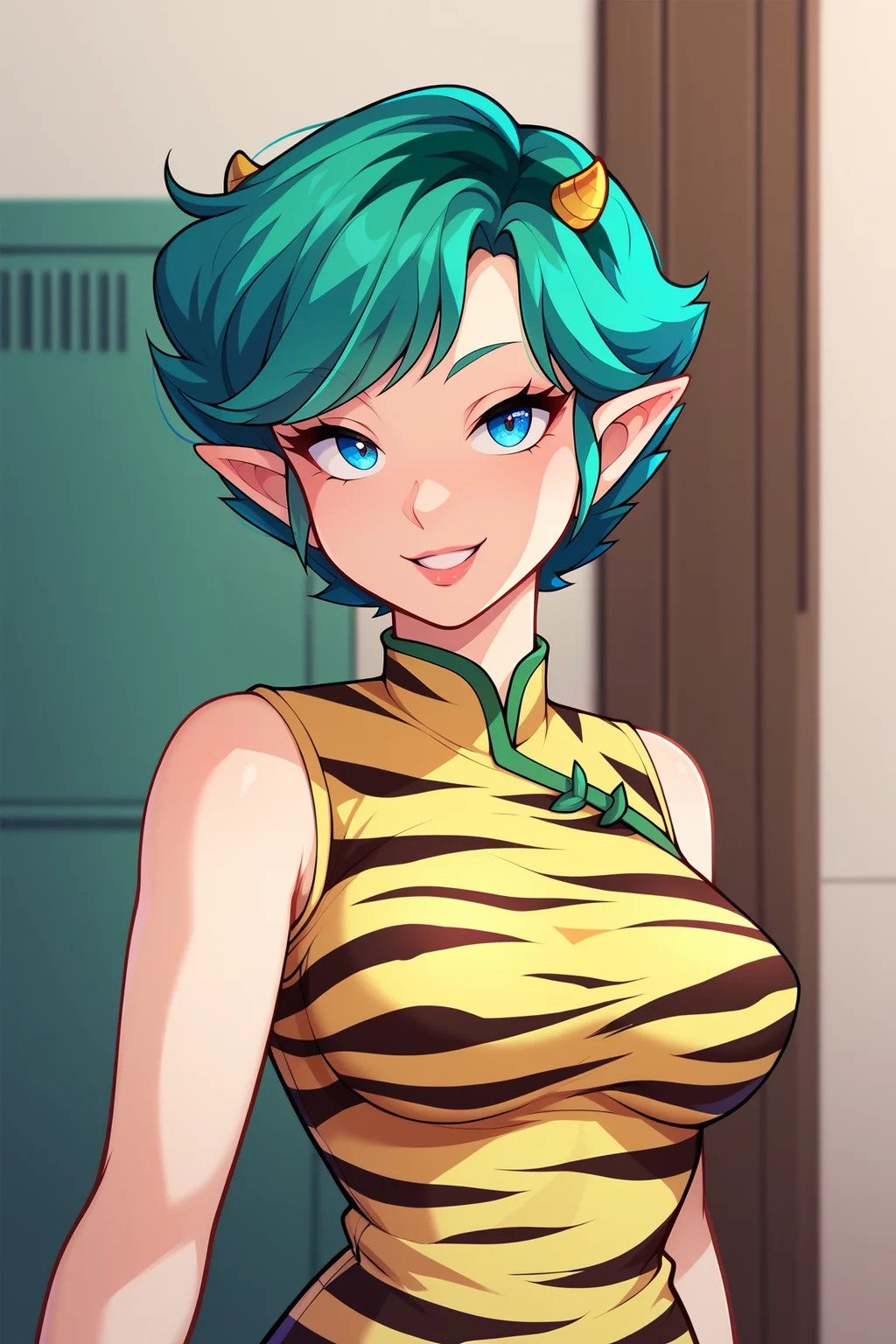 score_9, score_8_up, score_7_up, score_6_up, BREAK, LumMotherUYXL, blue eyes, green hair, short hair, bangs, yellow horns, short pointy ears, medium breasts, tiger print, yellow dress, sleeveless dress, solo, front view, (portrait, upper body), solo focus, seductive smile, looking at viewer, indoors <lora:LumMotherUYXL:1>