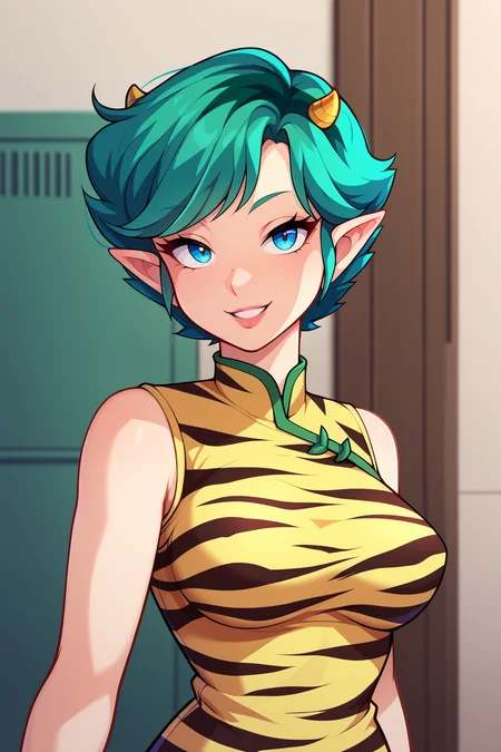 score_9, score_8_up, score_7_up, score_6_up, BREAK, LumMotherUYXL, blue eyes, green hair, short hair, bangs, yellow horns, short pointy ears, medium breasts, tiger print, yellow dress, sleeveless dress, solo, front view, (portrait, upper body), solo focus, seductive smile, looking at viewer, indoors <lora:LumMotherUYXL:1>