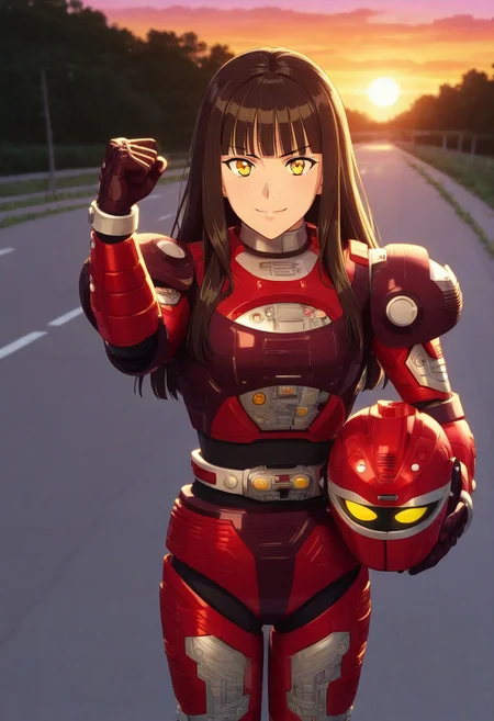 anime screencap, anime coloring,
solo, 1girl, cowboy shot,from above, dutch angle,
dark hair, long hair, blunt bangs dark eyes looking at viewer, medium breasts, smile, (covered neck), BREAK
r3ddle, robot, solo, armor, bodysuit, belt, clenched fist, gloves, holding helmet, yellow eyes, shining,
outdoors, road, sunset, dramatic lighting