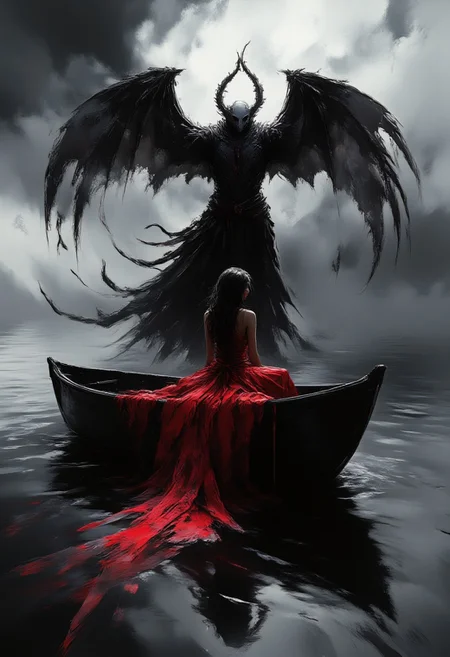 black water, black sky, in the sky the silhouette of a huge ephemeral transparent dementor in a black robe, reflection, a woman in a black boat in the middle of the ocean in a bright red dress with a very long plume. the plume of the dress flows over the water, long black hair fluttering in the wind, dark fantasy, thick black fog, realistic, hyper-detailed, kodak 50mm lens, professional photoshoot, full-hight scene view
