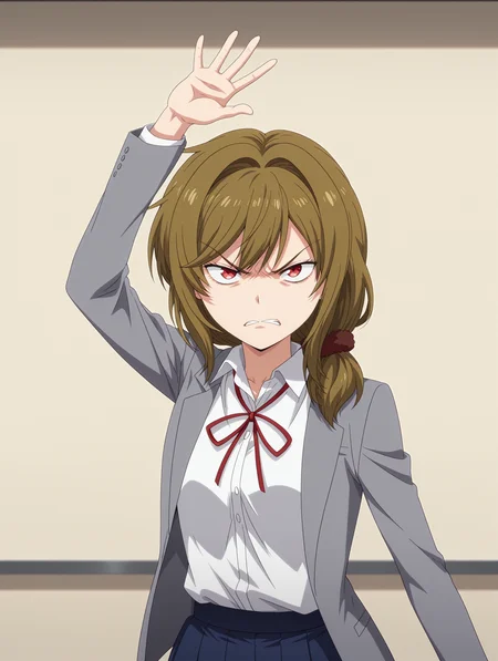 anime coloring,
<lora:POV_Receiving_Slap:0.9> imminentslap, angry, readytostrike,
<lora:Yuzuki_Seo_ILXL:0.8> yuzuki seo, medium hair, brown hair, low side ponytail, hair scrunchie, hair intakes, sidelocks, red eyes, long sleeves, grey jacket, open jacket, white shirt, collared shirt, red neck ribbon, blue skirt, pleated skirt,
1girl,pov,
masterpiece,best quality,amazing quality,