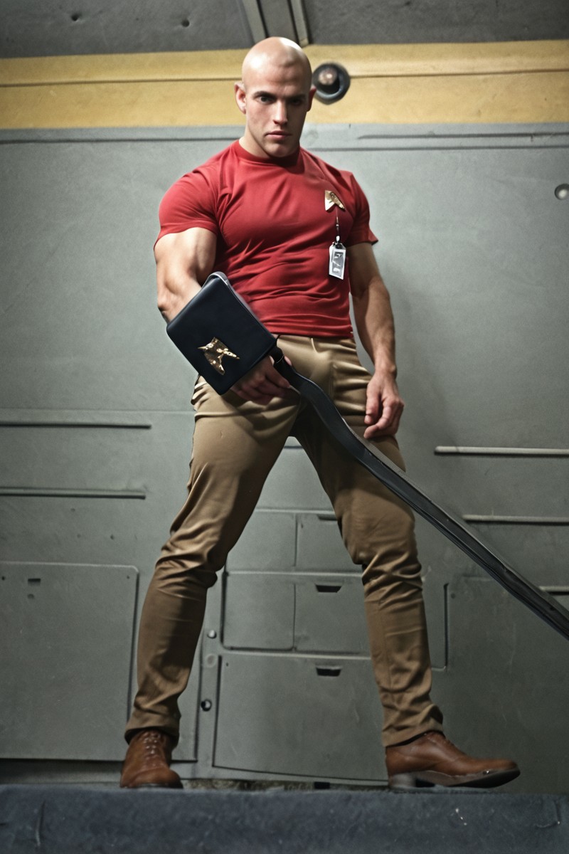 1boy, 20 year old male, Handsome, masculine, blonde, star trek, red shirt, muscle,  tall, tight shirt, wide pectorals, big shoulders, wide shoulders, muscular neck, German, standing at attention, bald, big pale blue eyes, abs, biceps, serious facial expression, phaser, hand, long bulge in his pants, ((((view from below)))),
1960 black dress pants, pants,
stunf, star trek uniform, uss enterprise ncc-1701 interior background, star trek, space ship interior, 1960s TV,