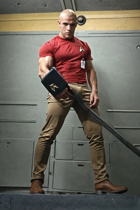 1boy, 20 year old male, Handsome, masculine, blonde, star trek, red shirt, muscle, tall, tight shirt, wide pectorals, big shoulders, wide shoulders, muscular neck, German, standing at attention, bald, big pale blue eyes, abs, biceps, serious facial expression, phaser, hand, long bulge in his pants, ((((view from below)))),
1960 black dress pants, pants,
stunf, star trek uniform, uss enterprise ncc-1701 interior background, star trek, space ship interior, 1960s TV,