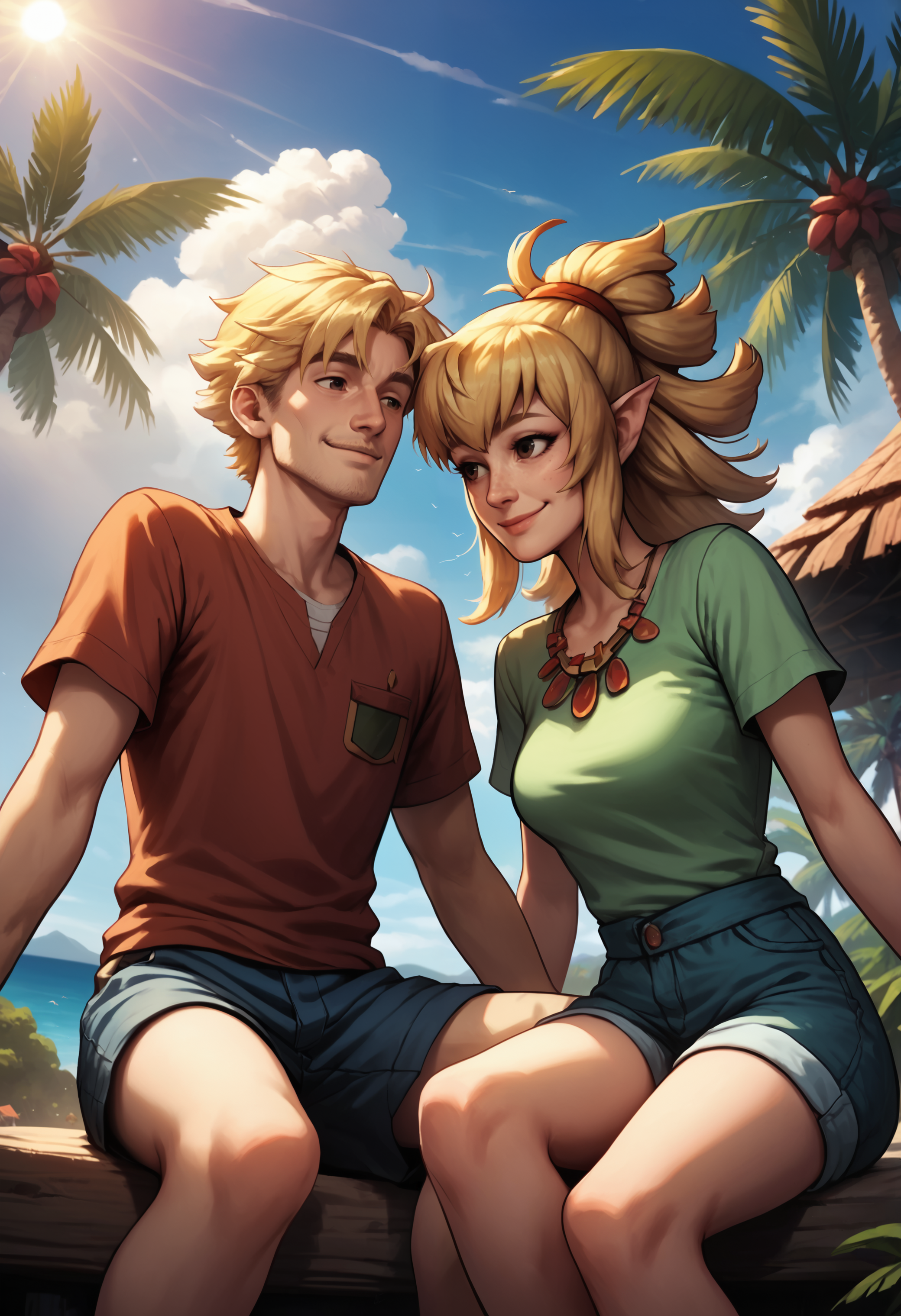 (zPDXL3) from below, 1girl, 1boy, blonde hair, sitting, heads together, on a tropical beach, smiling, wearing shirt and shorts, morning sunlight, tiki hut, palm trees, cloudy sky