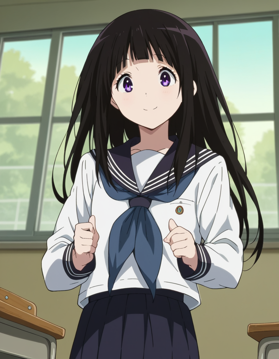 score_9, score_8_up, score_7_up, source_anime,
eruchitanda, <lora:eru-chitanda-s1-ponyxl-lora-nochekaiser:1>,
eru chitanda, long hair, black hair, bangs, blunt bangs, purple eyes, sidelocks,
skirt, school uniform, serafuku, kamiyama high school uniform \(hyouka\), black skirt, long sleeves, black sailor collar,
indoors, classroom, smile,
looking at viewer, cowboy shot, dutch angle,