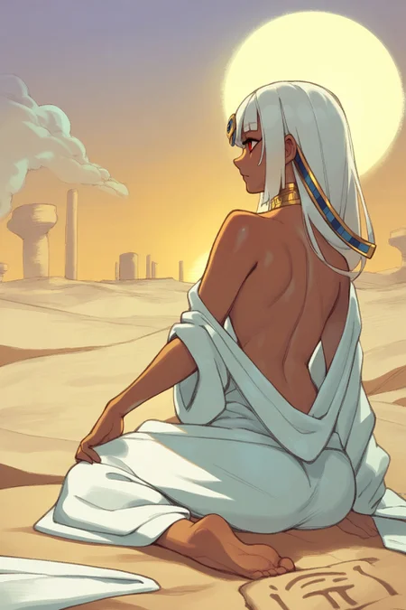 score_9, score_8_up, score_7_up, score_6_up, score_5_up, score_4_up, source_anime, outside, sand, desert, sky, sunbeam, sun, egyptian, rear view, red eyes, expressionless, looking away, solo, female, human, tan skin, white hair, long hair, white robe, egyptian collar, kneeling