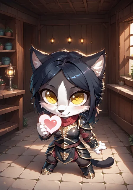 masterpiece, score_9_up, score_8_up, score_7_up, score_6_up, source_pony, (best quality:1.1), ultra-detailed, high resolution, highly detailed macro illustration, solo BREAK 1girl, Ember (ESO), antjro, feline, black and white fur, (Beautiful yellow eyes:1.3), slim, breasts, black armor, (sitting on stone windowsill), (holding big magical heart:1.4), looking at viewer BREAK mikus-concept, full body, cute, chibi, from above, (close-up:1.3) BREAK indoors, medieval chamber BREAK Highly Visible, sharp focus, perfect lighting, anatomically correct, extremely detailed, high detail, Expressiveh, OverallDetail, zPDXL3