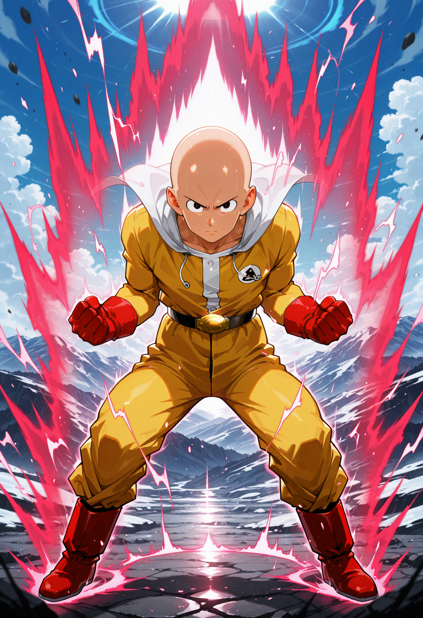<lora:superSayianAura_NoobAIEps_Mlaofmd-10:1.0> masterpiece, best quality, high quality, [:realistic:0.3], detailed background, depth of field, ambient silhouette, backlighting, 1boy, saitama, bald, yellow suit, white cap, red gloves, red boots, solo, black eyes, clenched hands, supersaiyanaura, power, aura, sharp aura, kaioken, red aura, fight stance, floating, looking at viewer, serious face, mountains, day, full body,