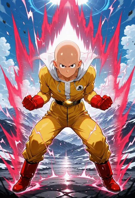 <lora:superSayianAura_NoobAIEps_Mlaofmd-10:1.0> masterpiece, best quality, high quality, [:realistic:0.3], detailed background, depth of field, ambient silhouette, backlighting, 1boy, saitama, bald, yellow suit, white cap, red gloves, red boots, solo, black eyes, clenched hands, supersaiyanaura, power, aura, sharp aura, kaioken, red aura, fight stance, floating, looking at viewer, serious face, mountains, day, full body,